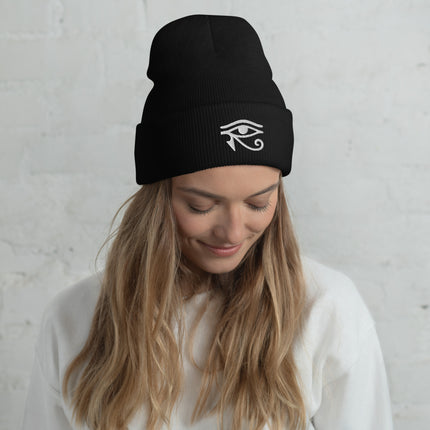 Eye of Horus Embroidered Cuffed Beanie with White Egyptian Eye Design