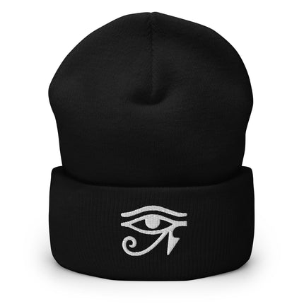 Embroidered Eye of Ra beanie with white Egyptian symbol cuff.