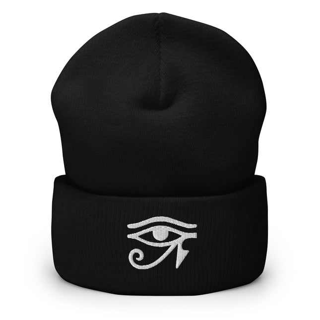 Embroidered Eye of Ra beanie with white Egyptian symbol cuff.