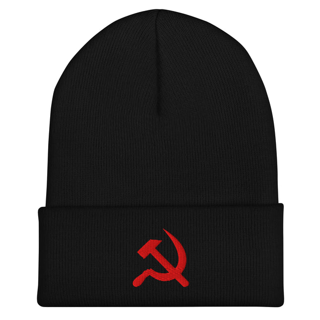Red cuffed beanie embroidered with the hammer and sickle symbol.