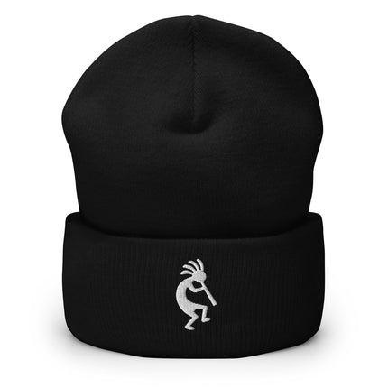 Cuffed Kokopelli embroidered beanie featuring a white flute player silhouette design.