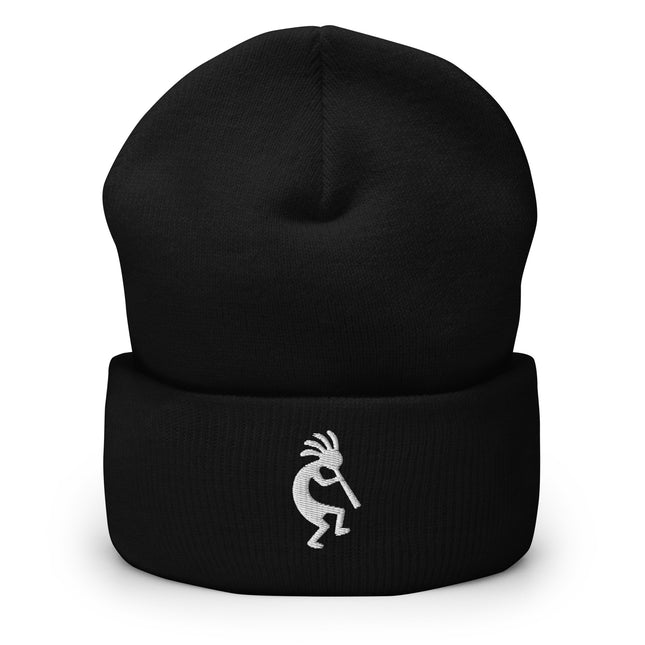 Kokopelli Embroidered Cuffed Beanie with White Flute-Player Silhouette
