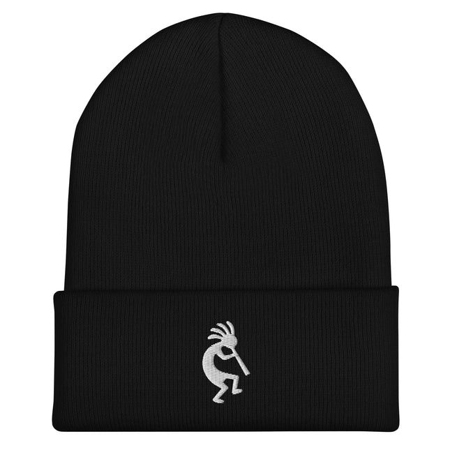 Kokopelli Embroidered Cuffed Beanie with White Flute-Player Silhouette