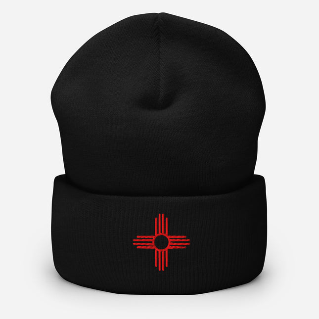 Zia Sun Embroidered Cuffed Beanie with Red Four-Direction Symbol