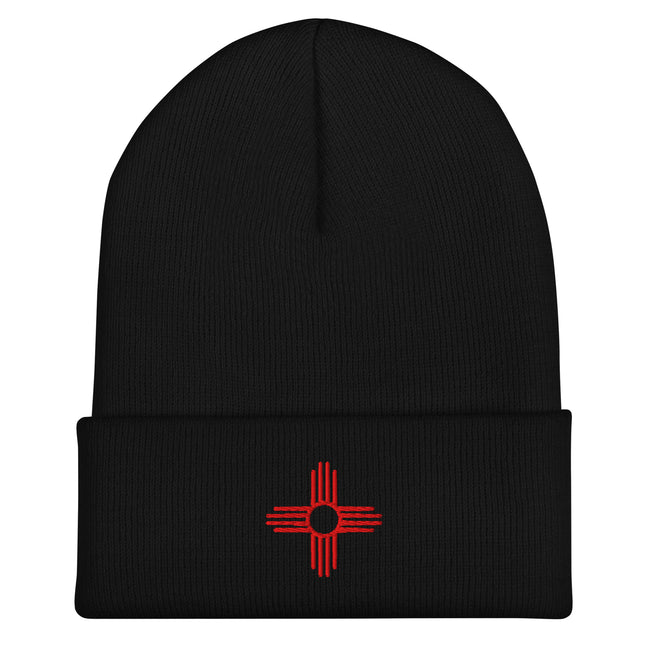 Zia Sun Embroidered Cuffed Beanie with Red Four-Direction Symbol