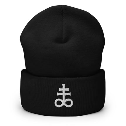 Leviathan Cross Cuffed Beanie | Embroidered White Occult Symbol