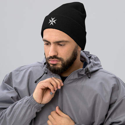 Maltese Cross Cuffed Beanie | Embroidered White Eight-Pointed Emblem