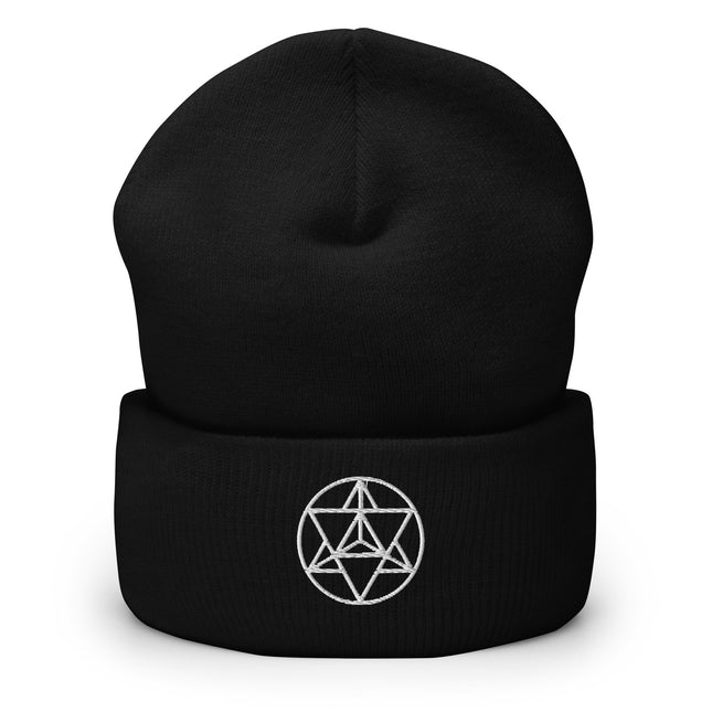 Embroidered white sacred geometry Merkaba beanie with cuffed cuff design.