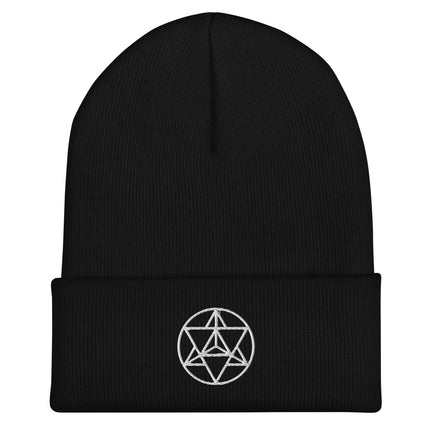 Merkaba Cuffed Beanie | Embroidered White Sacred Geometry Circle Design