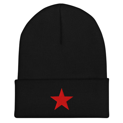 Red cuffed beanie with embroidered five-pointed star symbol.