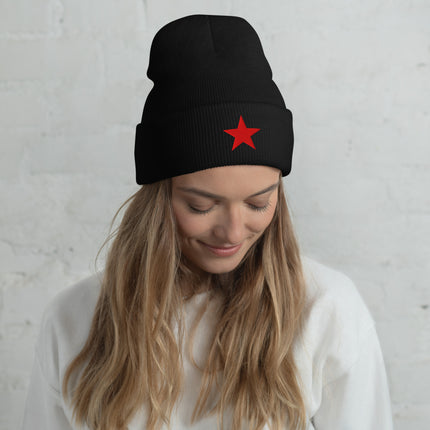 Cuffed beanie featuring red star embroidery and a five-pointed political symbol design.