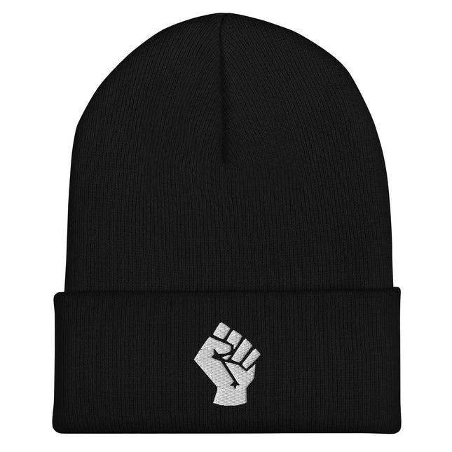 Cuff beanie featuring embroidered white raised fist symbol.