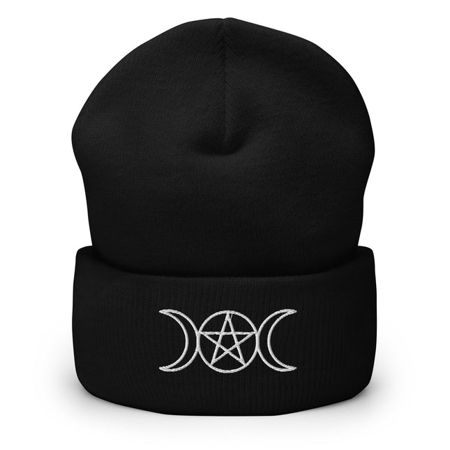 Black cuffed beanie featuring embroidered white triple moon, crescent, and pentacle symbols.