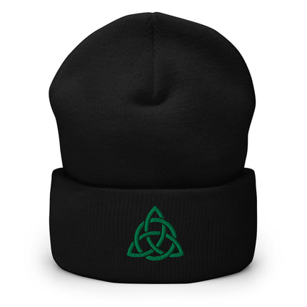 Cuffed beanie featuring green embroidered Celtic triquetra knot and circle design.