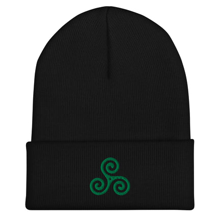 Green triskelion beanie featuring an embroidered triple spiral motif and cuffed cuff.