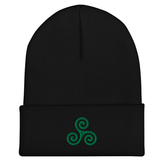 Green triskelion beanie featuring an embroidered triple spiral motif and cuffed cuff.