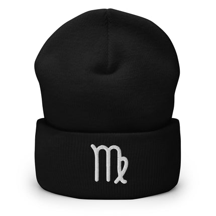 Embroidered Virgo zodiac symbol beanie with cuffed cuff for earth signs.
