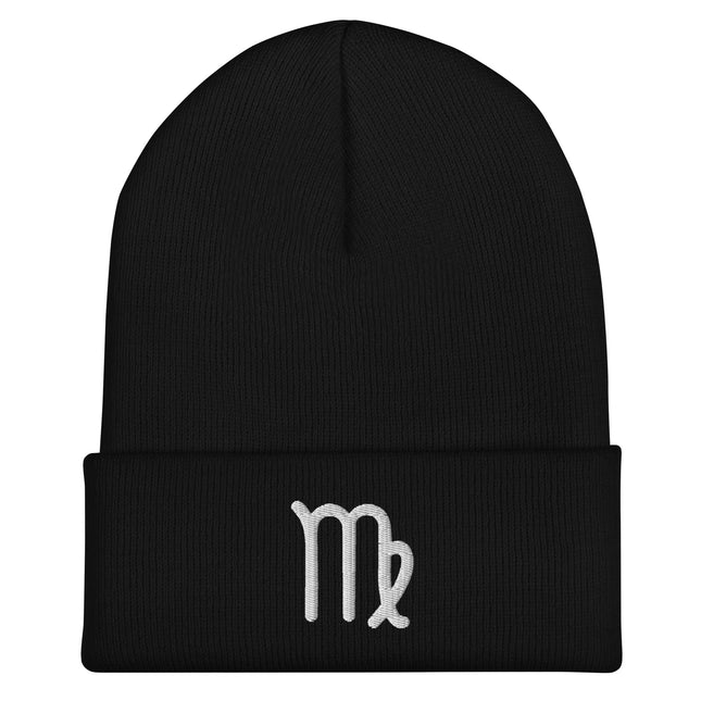 Embroidered Virgo zodiac symbol beanie with cuffed white cuff.