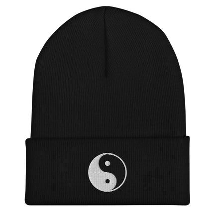 Embroidered Yin Yang beanie featuring Taoist and Zen symbols on a cuffed design.
