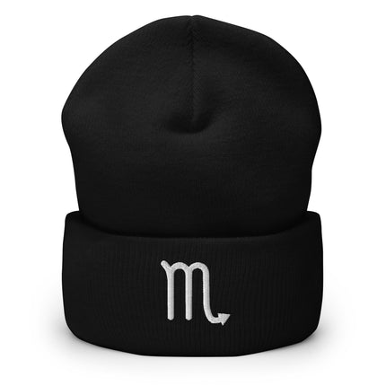 White embroidered Scorpio symbol beanie with cuffed design.