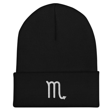 Embroidered Scorpio symbol beanie with white astrology glyph cuff.