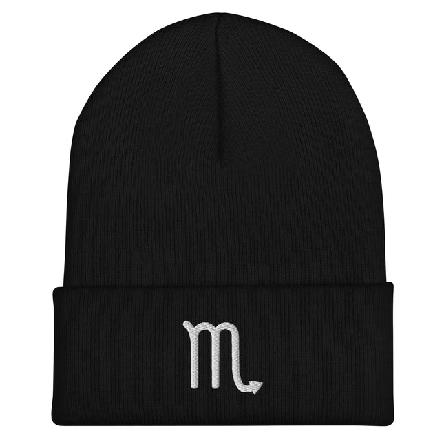 Embroidered Scorpio symbol beanie with white astrology glyph cuff.