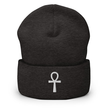 Ankh Embroidered Cuffed Beanie with White Ancient Egyptian Symbol