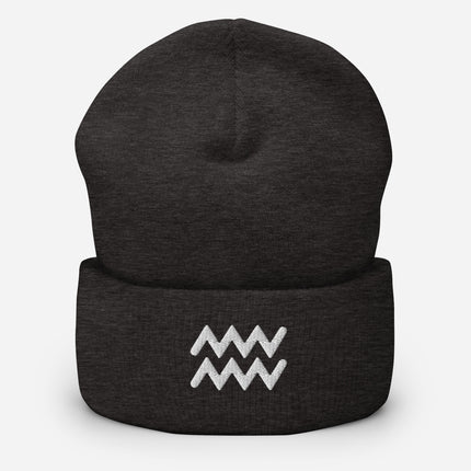 Aquarius Symbol Embroidered Cuffed Beanie with White Zodiac Waves