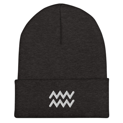 Aquarius Symbol Embroidered Cuffed Beanie with White Zodiac Waves