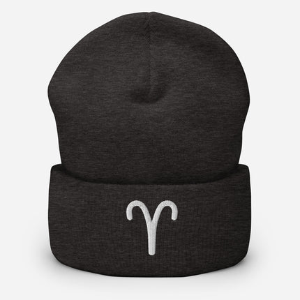 Aries Symbol Embroidered Cuffed Beanie with White Ram-Horn Zodiac Glyph