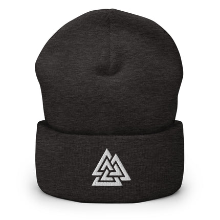 Valknut Cuffed Beanie with White Interlocking Norse Triangles