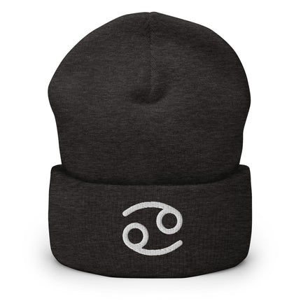 Cancer Symbol Embroidered Cuffed Beanie with White Curved Zodiac Design