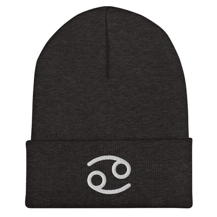 Cancer Symbol Embroidered Cuffed Beanie with White Curved Zodiac Design
