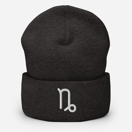 Capricorn Symbol Embroidered Cuffed Beanie with White Looped Zodiac Glyph