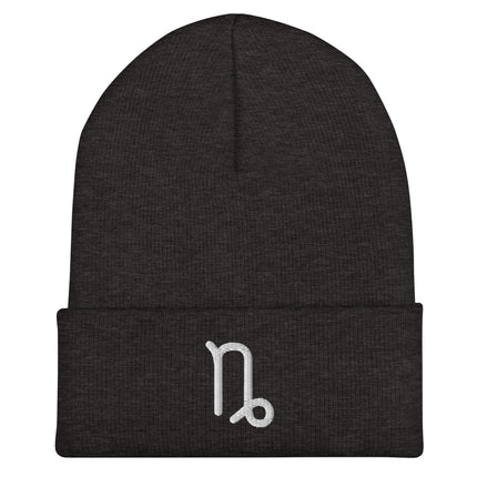 Capricorn Symbol Embroidered Cuffed Beanie with White Looped Zodiac Glyph