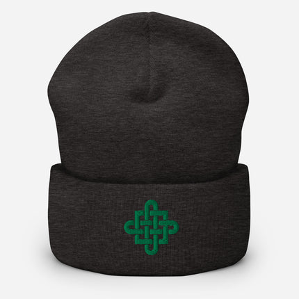 Celtic Knot Cross Embroidered Cuffed Beanie with Green Interlaced Design