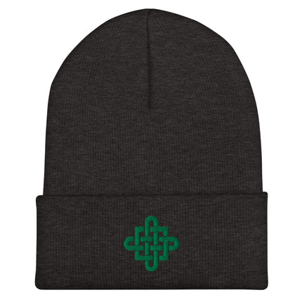 Celtic Knot Cross Embroidered Cuffed Beanie with Green Interlaced Design