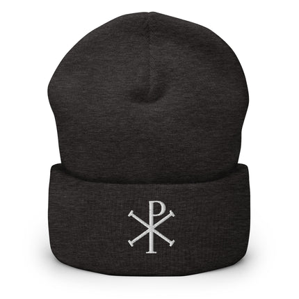 Chi Rho Embroidered Cuffed Beanie with White Christian Letterform Design