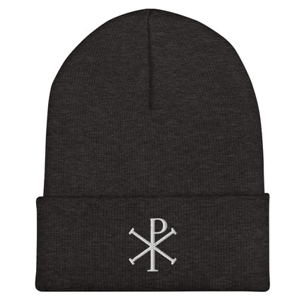 Chi Rho Embroidered Cuffed Beanie with White Christian Letterform Design