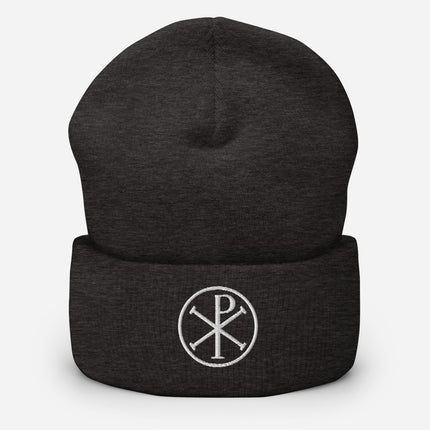 Chi Rho Circle Embroidered Cuffed Beanie with White Christian Monogram