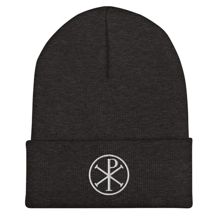 Chi Rho Circle Embroidered Cuffed Beanie with White Christian Monogram