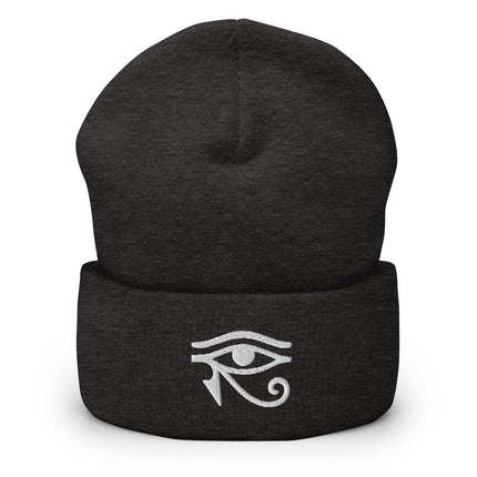 Eye of Horus Embroidered Cuffed Beanie with White Egyptian Eye Design