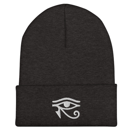 Eye of Horus Embroidered Cuffed Beanie with White Egyptian Eye Design