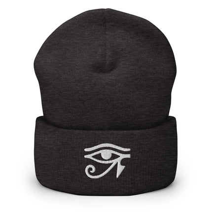 Eye of Ra embroidered beanie with white Egyptian symbol design.