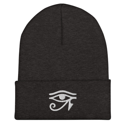 Embroidered Eye of Ra beanie with white Egyptian symbol cuff.