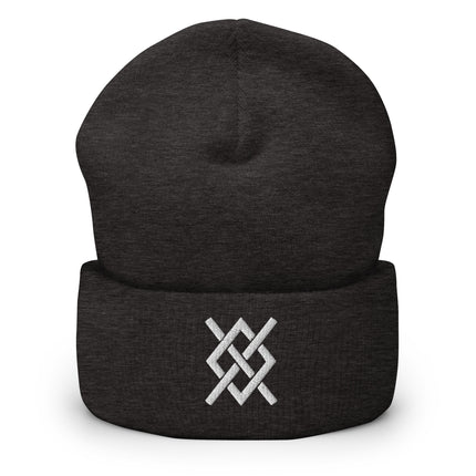 Embroidered black beanie featuring the Gungnir motif and white angular knot design.