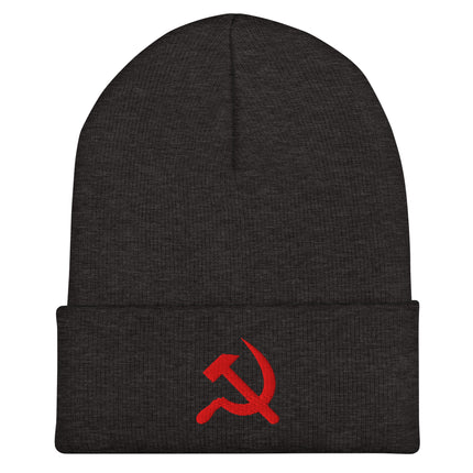 Embroidered red beanie featuring the hammer and sickle symbol.