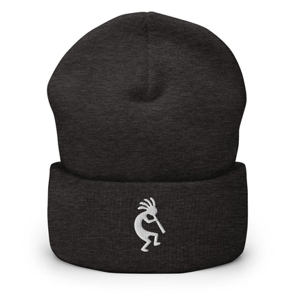 Kokopelli embroidered beanie featuring a white flute player silhouette design.