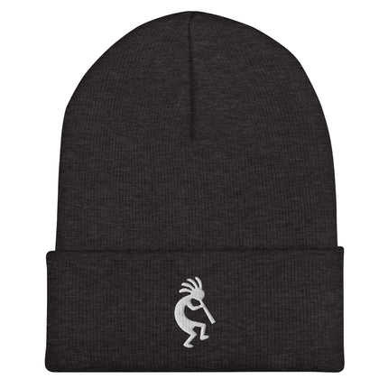Kokopelli embroidered beanie with white flute player silhouette.