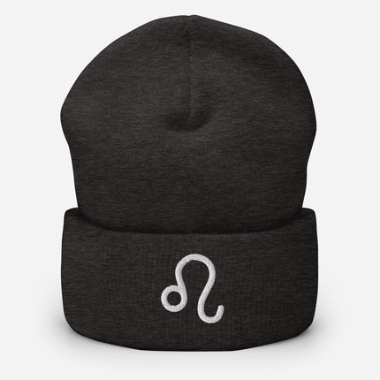 Leo symbol embroidered cuffed beanie with white curved astrology glyph.